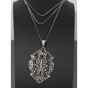 Pierre Lang‎ Vintage Silver Tone Filigree Pendant Multi Chain Statement Necklace